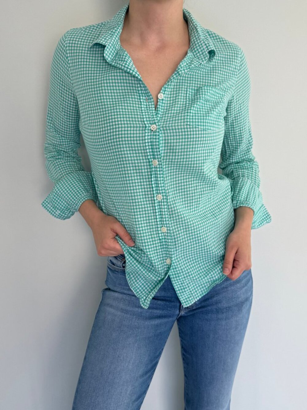 J.Crew Perfect Shirt Green Gingham Cotton Button Down XS